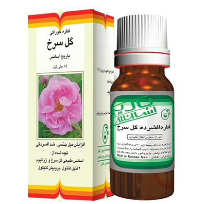 بسته‌بندی اورجینال قطره خوراکی گل سرخ باریج باریج اسانس کیفیت و اصالت تضمینی همراه با مشخصات محصول
