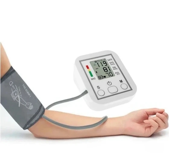 نمای کامل دستگاه فشار سنج Arm Style همراه با بستهبندی اصلی و جزئیات محصول