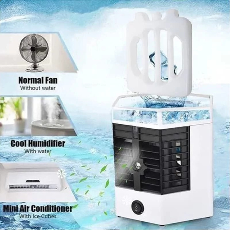 نمای کامل کولر آبی مدل Arctic Air Ultra pro (کولر و مه پاش) با بطری اضافه همراه با بستهبندی اصلی و جزئیات محصول