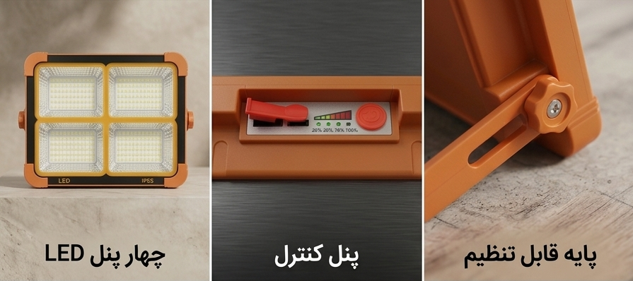 تصویر چراغ شارژی اضطراری چند منظوره خورشیدی (پروژکتور شارژی خورشیدی) با نورپردازی مناسب و نمای واضح محصول - نمای 17_1