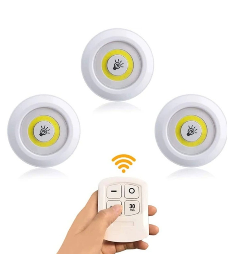 نمای کامل چراغ زیر کابینتی (چراغ سقفی، چراغ مخفی) ریموت دار و باطریخور 3in1 مجموعه 3 عددی همراه با بستهبندی اصلی و جزئیات محصول - نمای 11_1