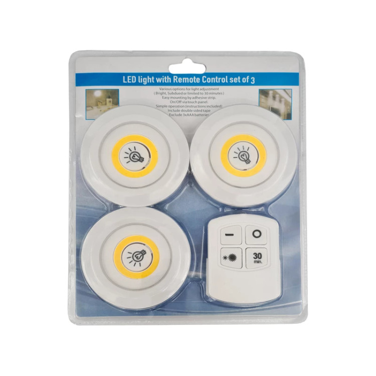 تصویر تخصصی چراغ زیر کابینتی (چراغ سقفی، چراغ مخفی) کنترل دار و باطریخور 3in1 مجموعه 3 عددی با نمایش ویژگیها و جزئیات فنی