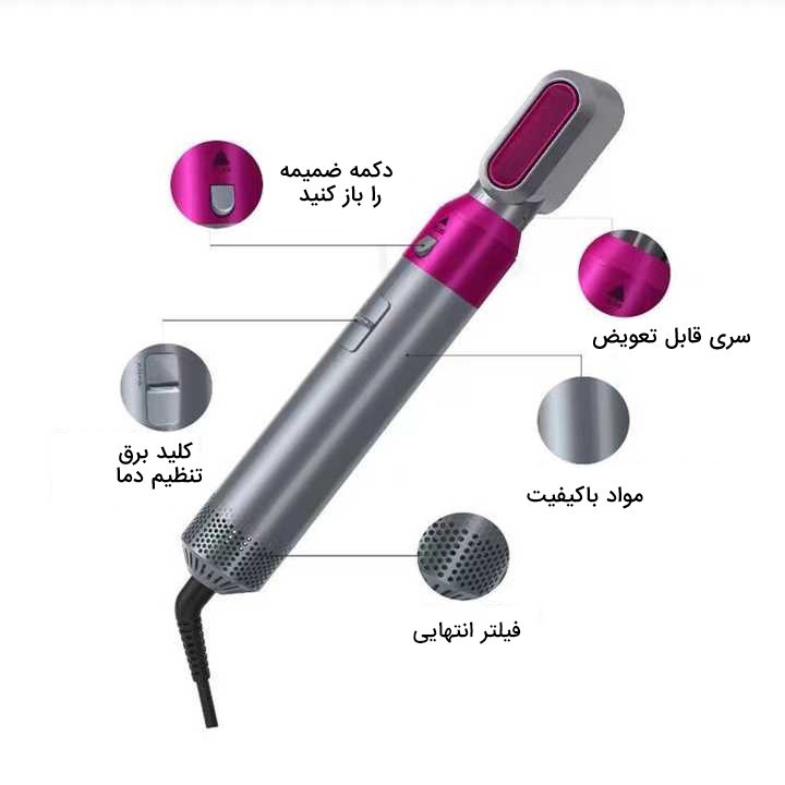 نمای قدی حالت دهنده مو و سشوار پنج کاره مو طرح دایسون مدل tp-5+1 با تمرکز بر طراحی و کارایی محصول - نمای 20_1