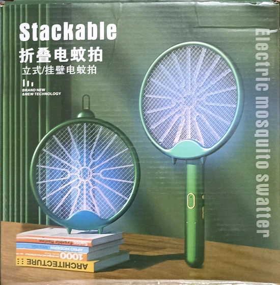 نمای کامل حشره کش و پشه کش الکتریکی راکتی تاشو شارژی Stackable (تخفیف خورده به علت باتری ضعیف) همراه با بستهبندی اصلی و جزئیات محصول