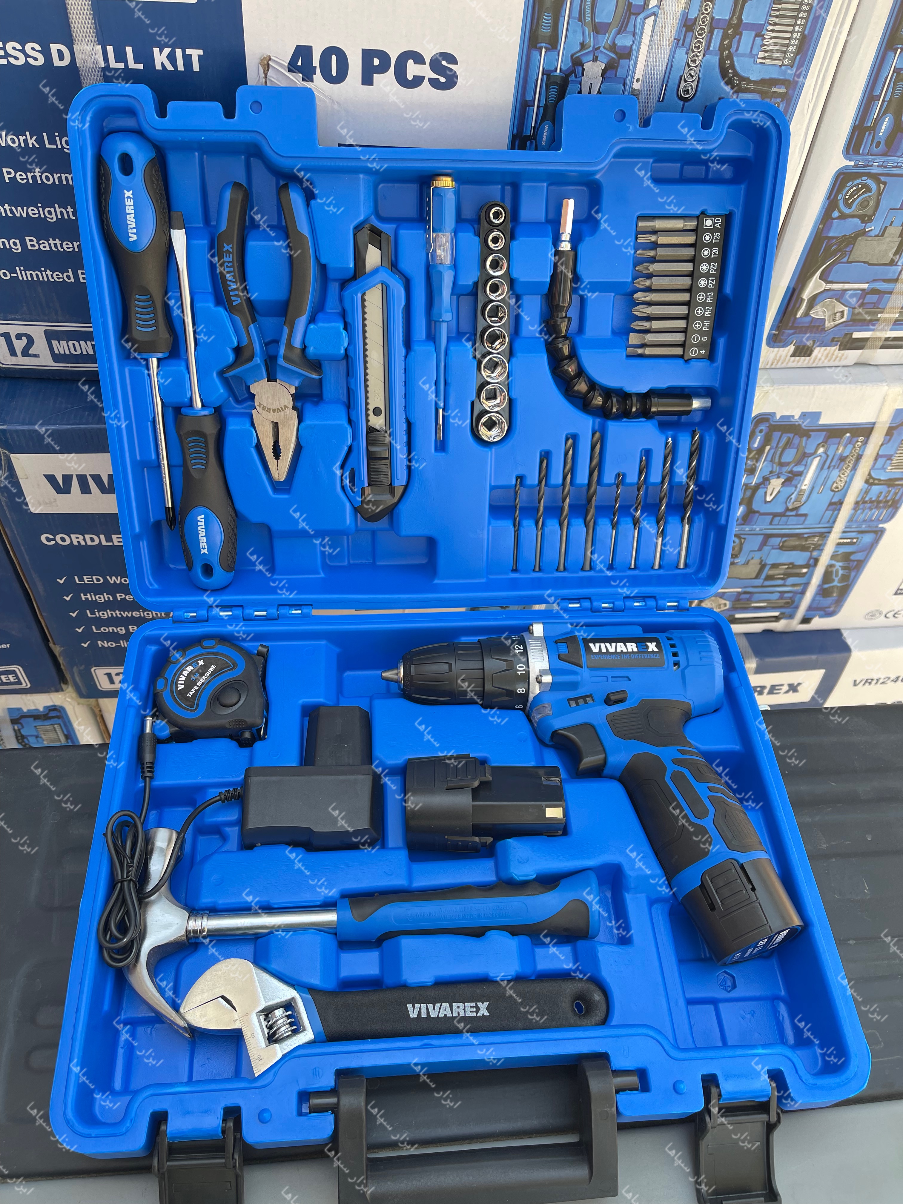 بسته‌بندی اورجینال کیت دریل شارژی ۴۰ پارچه ویوارکس مدل VR1240-CDK همراه با مشخصات فنی محصول