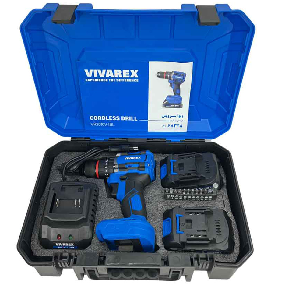 نمای قدی دریل شارژی چکشی دو باتری براشلس ۲۰ ولت ویوارکس مدل VR2010V-IBL با تمرکز بر طراحی و کارایی محصول