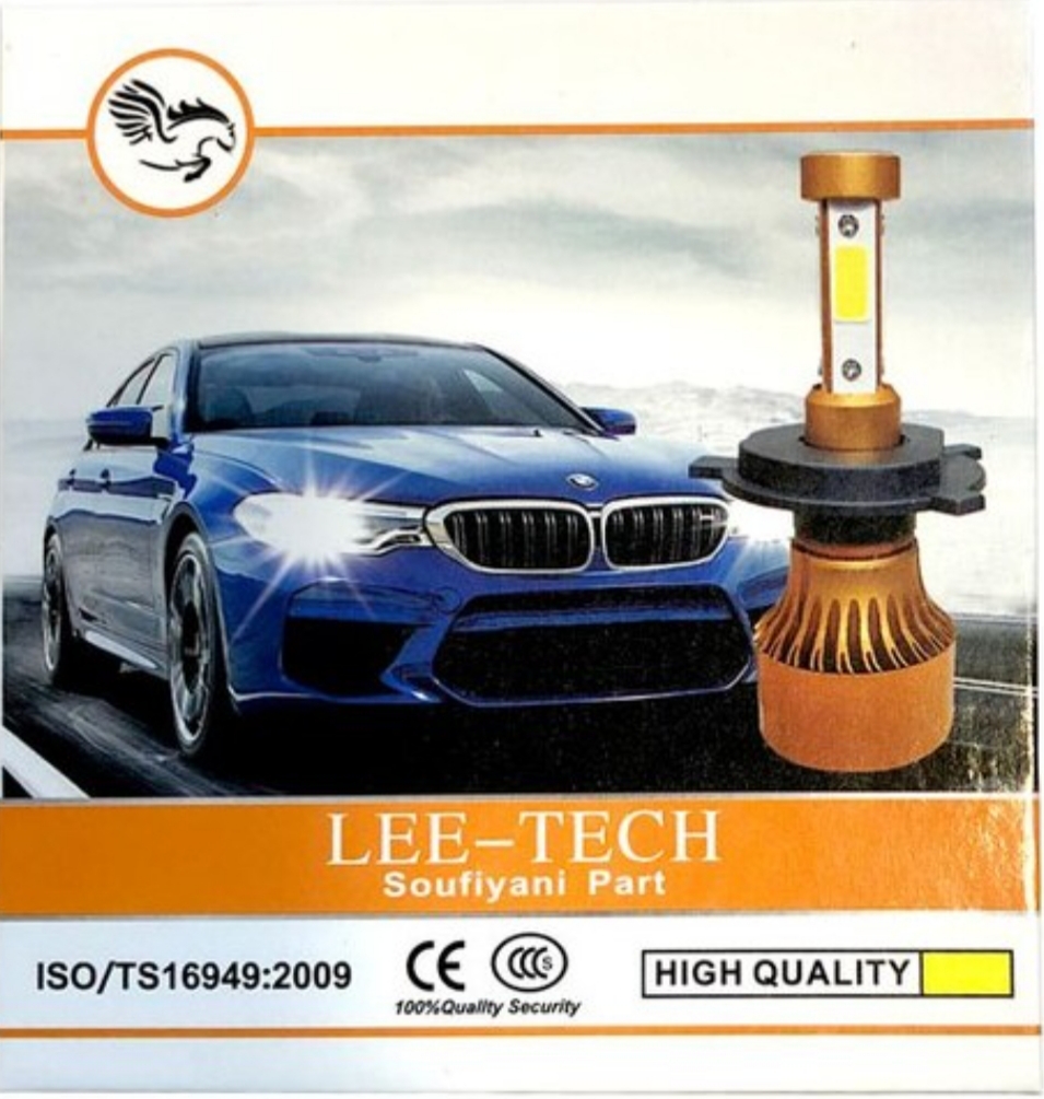 نمای جانبی و طراحی ظاهری هدلایت خودرو چهار طرفه زرد ( لیمویی) برند لیتک Lee Tech پایه H4 با رنگبندی جذاب