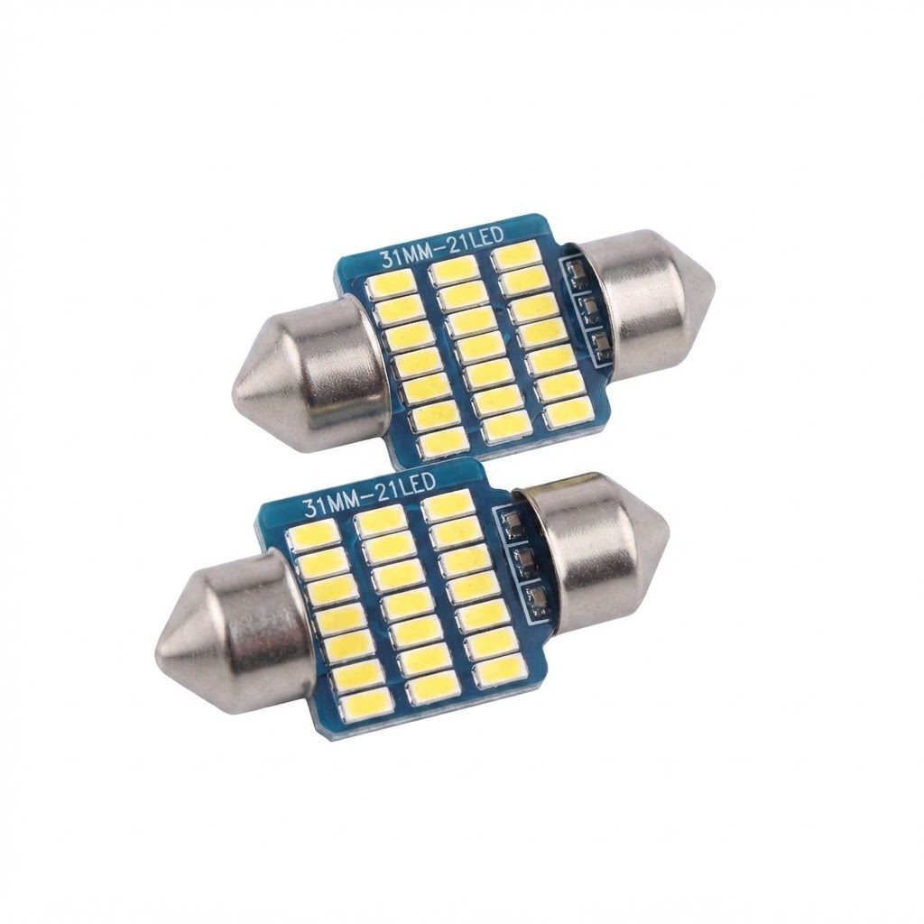 تصویر تخصصی لامپ فشنگی چراغ سقف خودرو SMD یخی با نمایش ویژگیها و جزئیات فنی