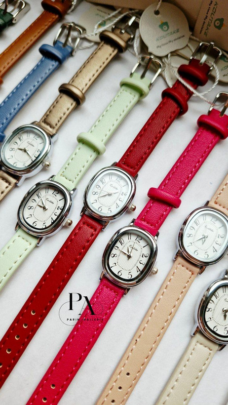 نمای پشت و اجزای تشکیلدهنده ساعت مچی زنانه بند چرمی ⌚ با کیفیت بالا