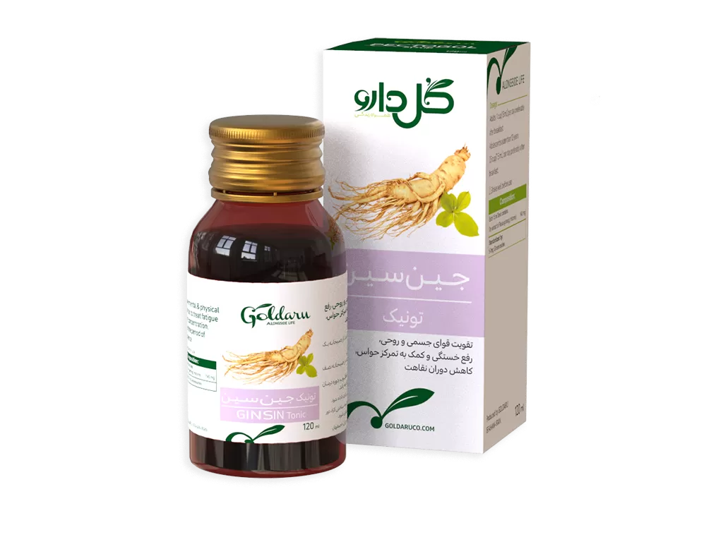 نمای جانبی و طراحی ظاهری شربت مکمل تونیک جین سین گل دارو با رنگبندی جذاب