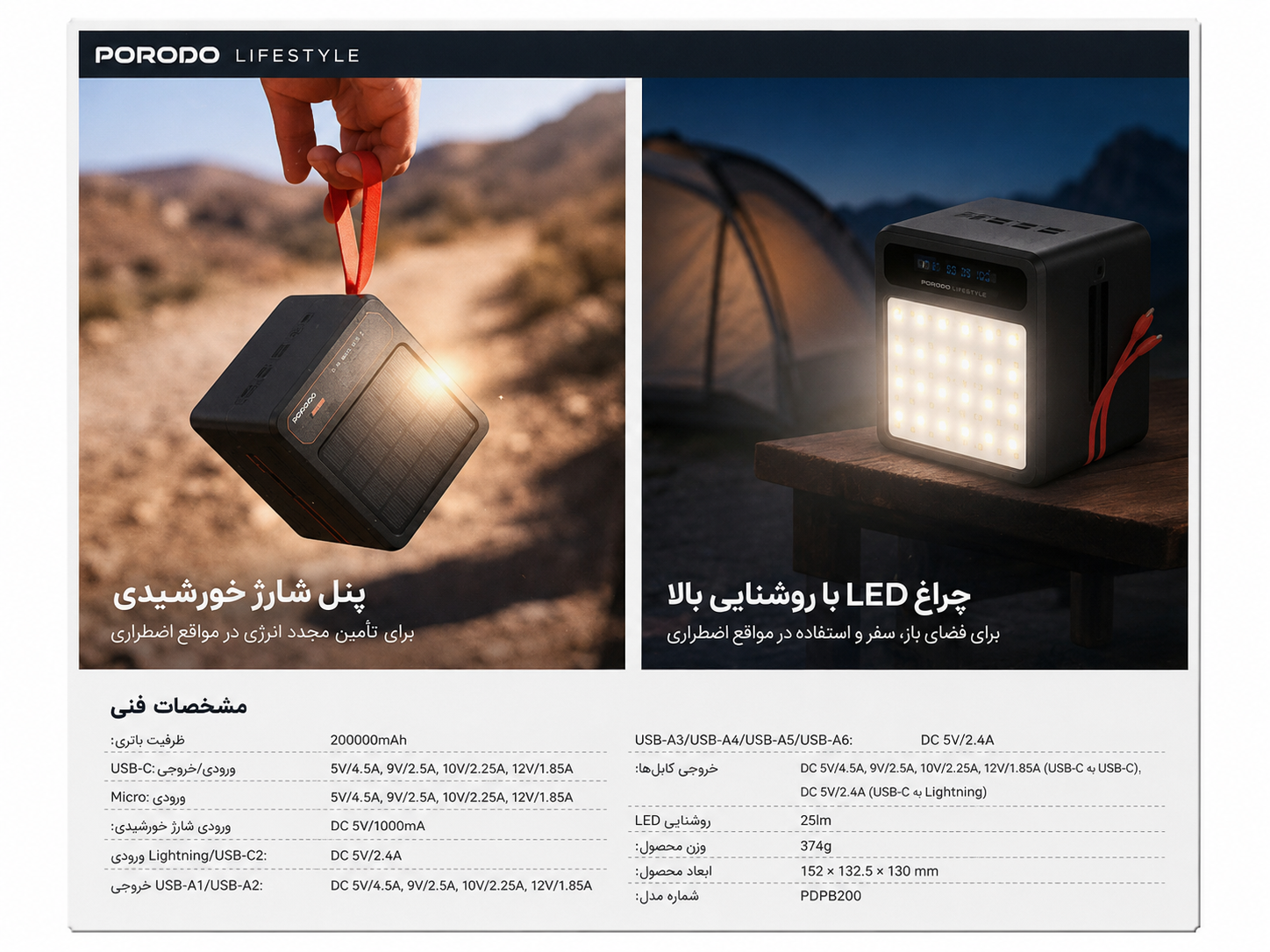 طراحی مدرن و استاندارد پاوربانک شارژی خورشیدی 200،000 میلیآمپرساعت پرودو مدل Laros در نمای کامل - نمای 5_1