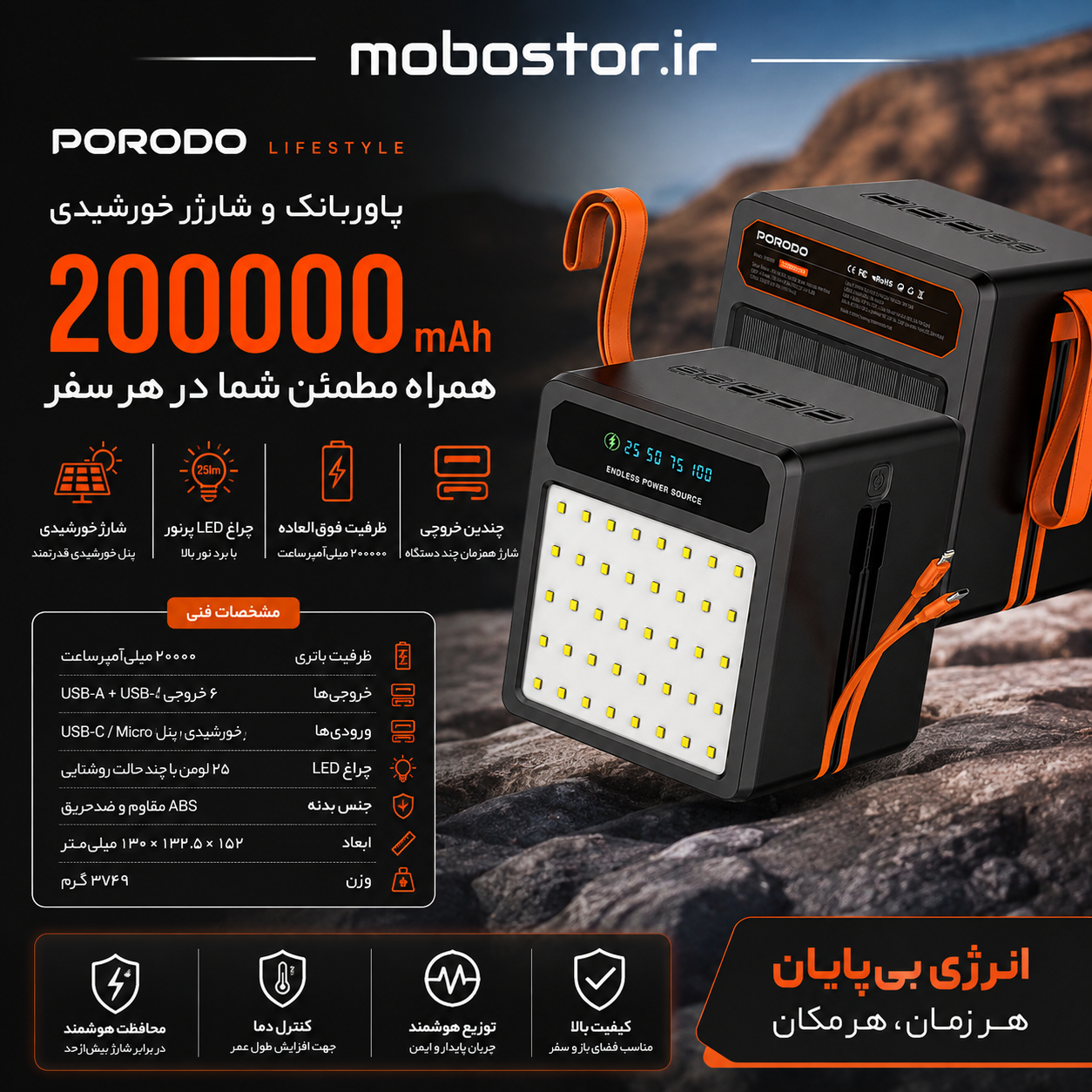 نمای جانبی و طراحی ظاهری پاوربانک شارژی خورشیدی 200،000 میلیآمپرساعت پرودو مدل Laros با رنگبندی جذاب - نمای 7_1