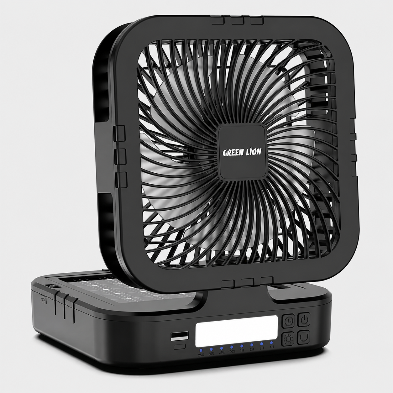 نمای پشت و اجزای تشکیلدهنده پنکه شارژی خورشیدی چندکاره گرین لاین Green Lion Solar Trio با کیفیت بالا