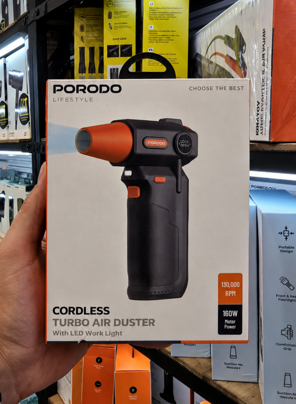 نمای پشت و اجزای تشکیلدهنده جت فن شارژی پرودو Porodo Turbo Air Duster مدل PDTBYMG826BK با کیفیت بالا