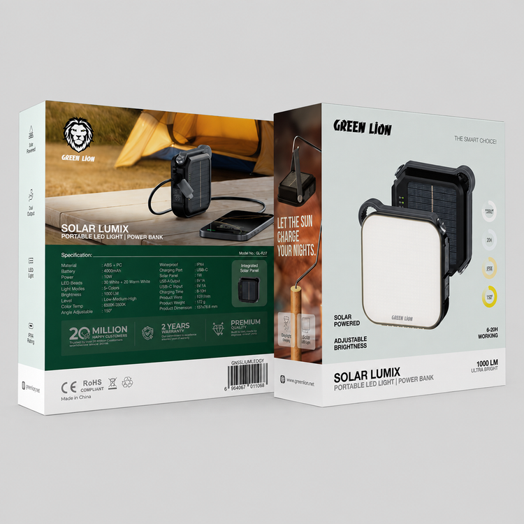 جزئیات دقیق قطعات و اجزای چراغ کمپینگ خورشیدی گرین لاین Solar Lumix 1000LM با پاوربانک شارژی 4000mAh در نمای ماکرو