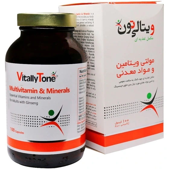 نمای کامل کپسول مکمل مولتی ویتامین و مینرال ویتالی تون همراه با بستهبندی اصلی و جزئیات محصول