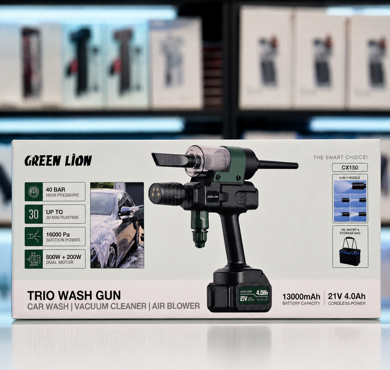 تصویر تخصصی کارواش شارژی، جاروبرقی و دمنده هوا گرین لاین Trio Wash Gun با نمایش ویژگیها و جزئیات فنی - نمای 6_1