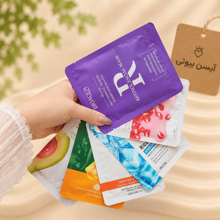 نمای جانبی و طراحی ظاهری ماسک ورقه ای صورت آبرسان و شاداب کننده پوست ارسال رندوم با رنگبندی جذاب