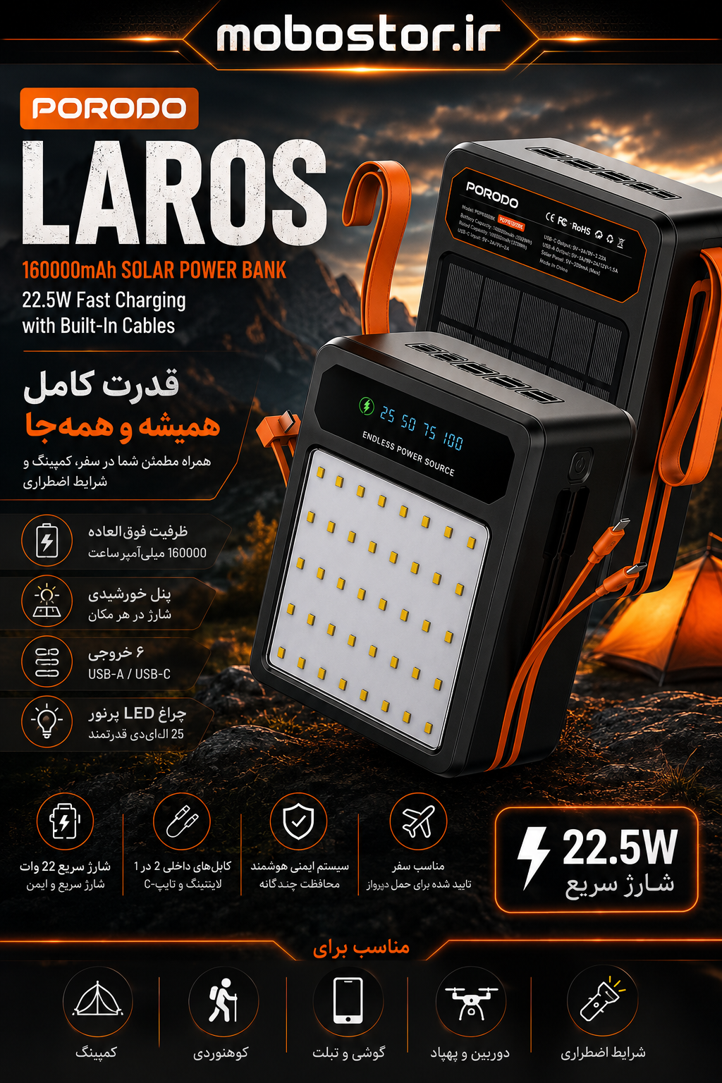 نمای جانبی و طراحی ظاهری پاوربانک شارژی خورشیدی 160000 میلیآمپر Porodo LAROS PDPB160BK با شارژ سریع 22.5W با رنگبندی جذاب - نمای 7_1