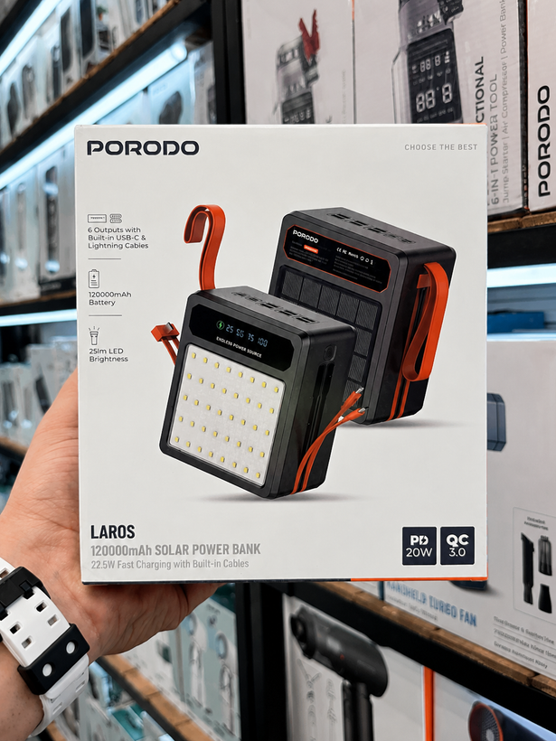 تصویر پاوربانک شارژی خورشیدی پرودو Porodo LAROS مدل PDPB120BK با نورپردازی مناسب و نمای واضح محصول - نمای 8_1