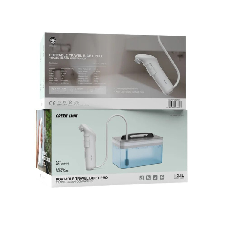 نمای قدی بیده شارژی مسافرتی گرین لاین مدل Portable Travel Bidet Pro با مخزن ۲.۳ لیتری با تمرکز بر طراحی و کارایی محصول