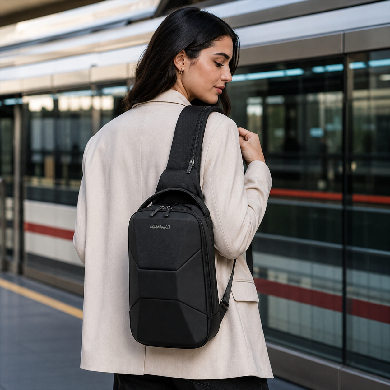 جزئیات دقیق قطعات و اجزای کیف کراسبادی گرین لاین مدل Liverpool Crossbody Backpack مشکی در نمای ماکرو