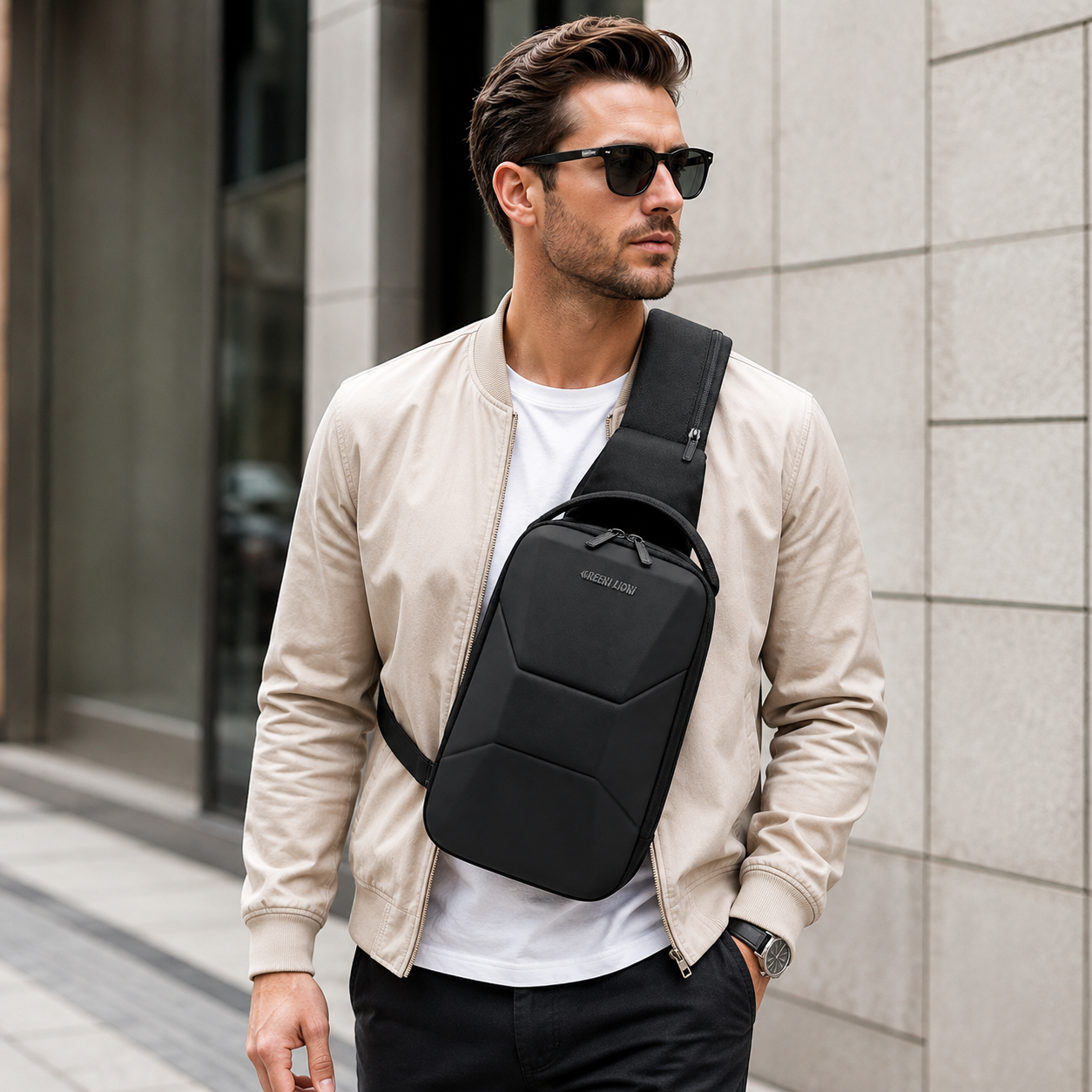نمای جانبی و طراحی ظاهری کیف کراسبادی گرین لاین مدل Liverpool Crossbody Backpack مشکی با رنگبندی جذاب