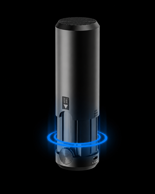 جزئیات دقیق قطعات و اجزای جارو و دمنده شارژی پرودو مدل Tornado Prime با پاوربانک 6000mAh در نمای ماکرو
