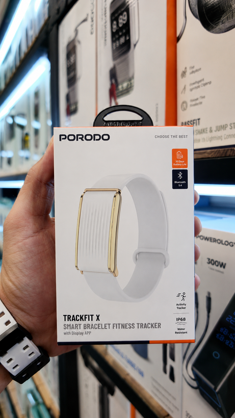 نمای جانبی و طراحی ظاهری مچبند هوشمند بدون نمایشگر پورودو TrackFit X مدل PDMB1062WT با رنگبندی جذاب