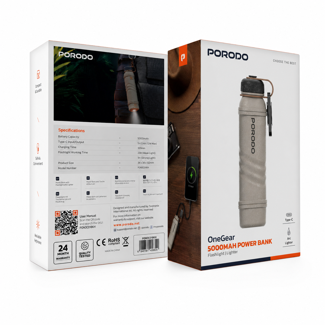 نمای کامل پاوربانک شارژی چندکاره پورودو OneGear ظرفیت 5000mAh مدل PDNDC016KH همراه با بستهبندی اصلی و جزئیات محصول