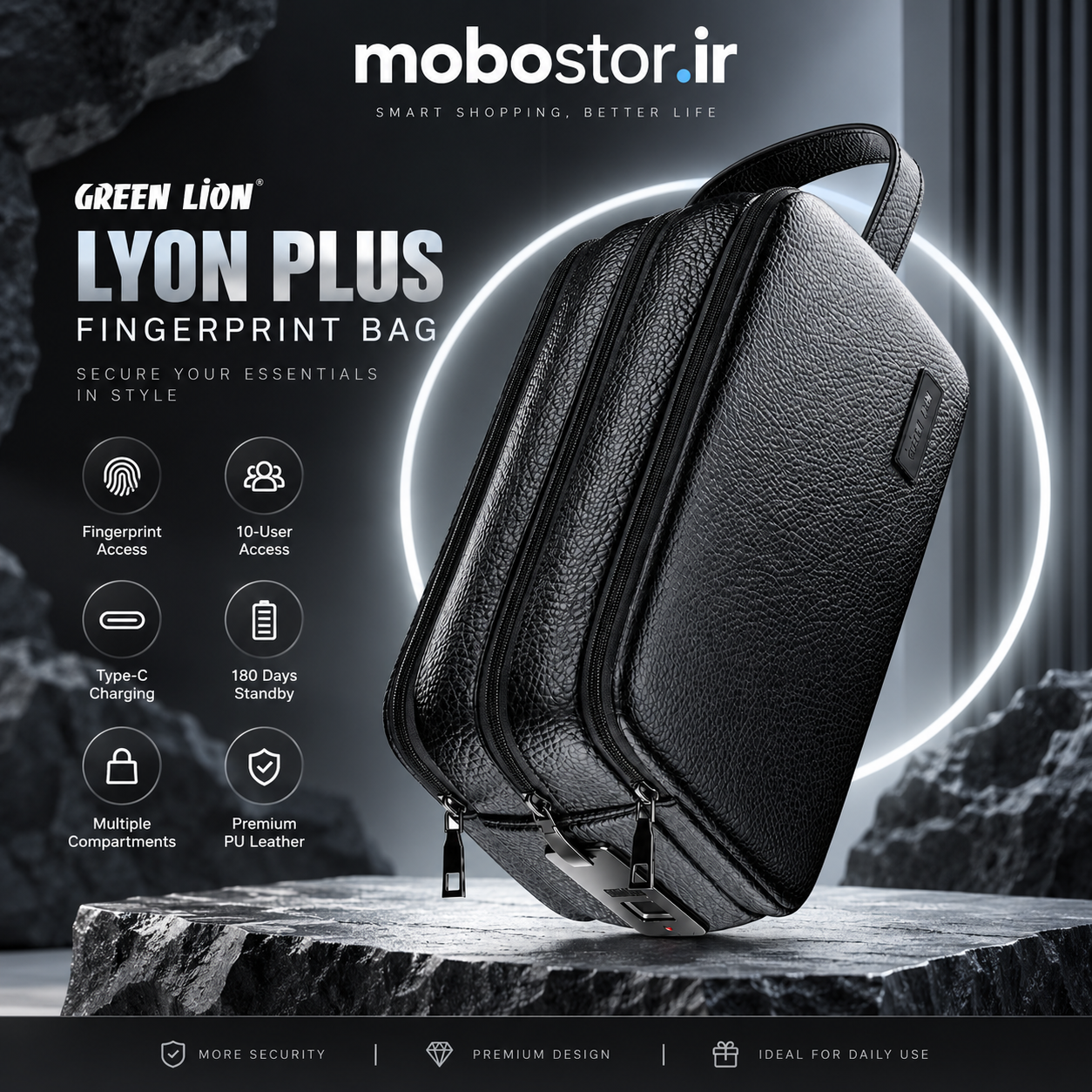 نمای جانبی و طراحی ظاهری کیف هوشمند اثر انگشتی گرین لاین مدل Lyon Plus با رنگبندی جذاب