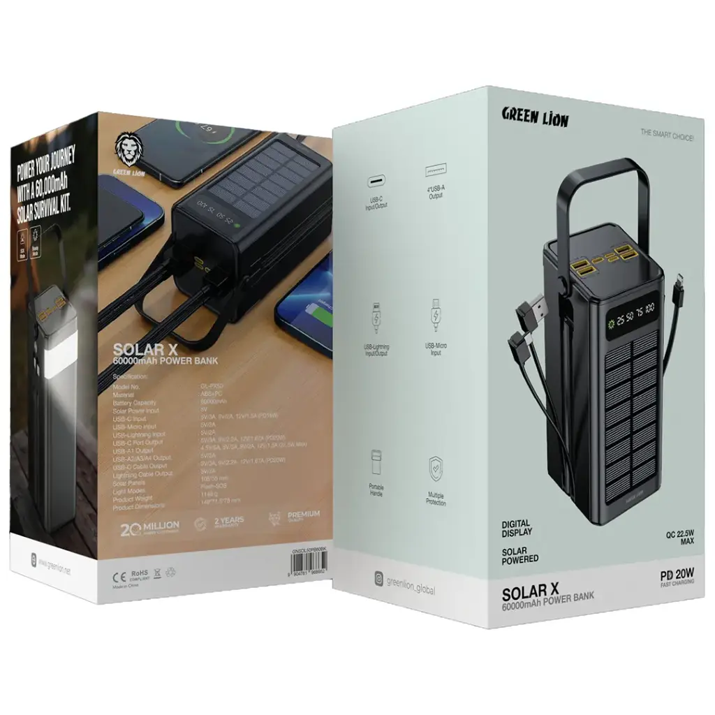 تصویر پاوربانک شارژی خورشیدی گرین لاین Solar X ظرفیت 60000 میلیآمپر ساعت با شارژ سریع PD 20W با نورپردازی مناسب و نمای واضح محصول - نمای 5_1