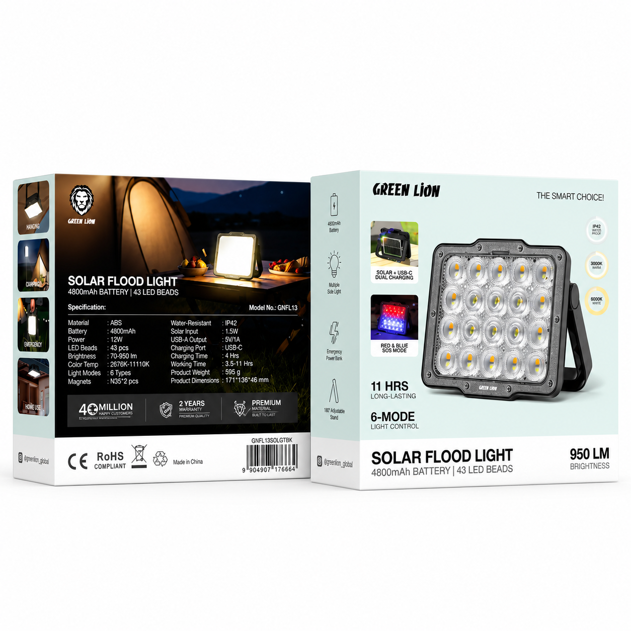 بستهبندی اورجینال پروژکتور شارژی خورشیدی گرین لاین مدل Solar Flood Light با روشنایی ۹۵۰ لومن همراه با مشخصات فنی محصول