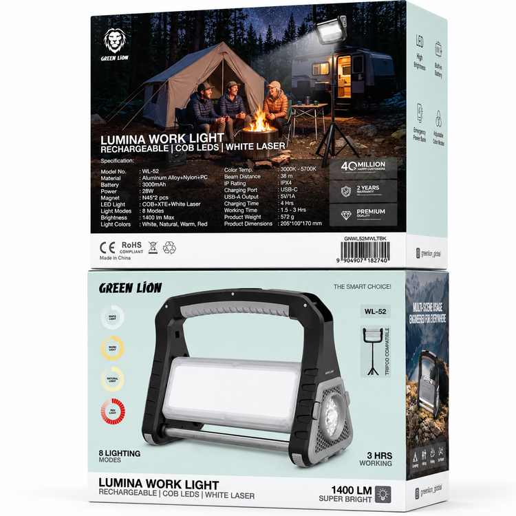 طراحی مدرن و استاندارد چراغ کار شارژی گرین لاین مدل Lumina WL-52 در نمای کامل