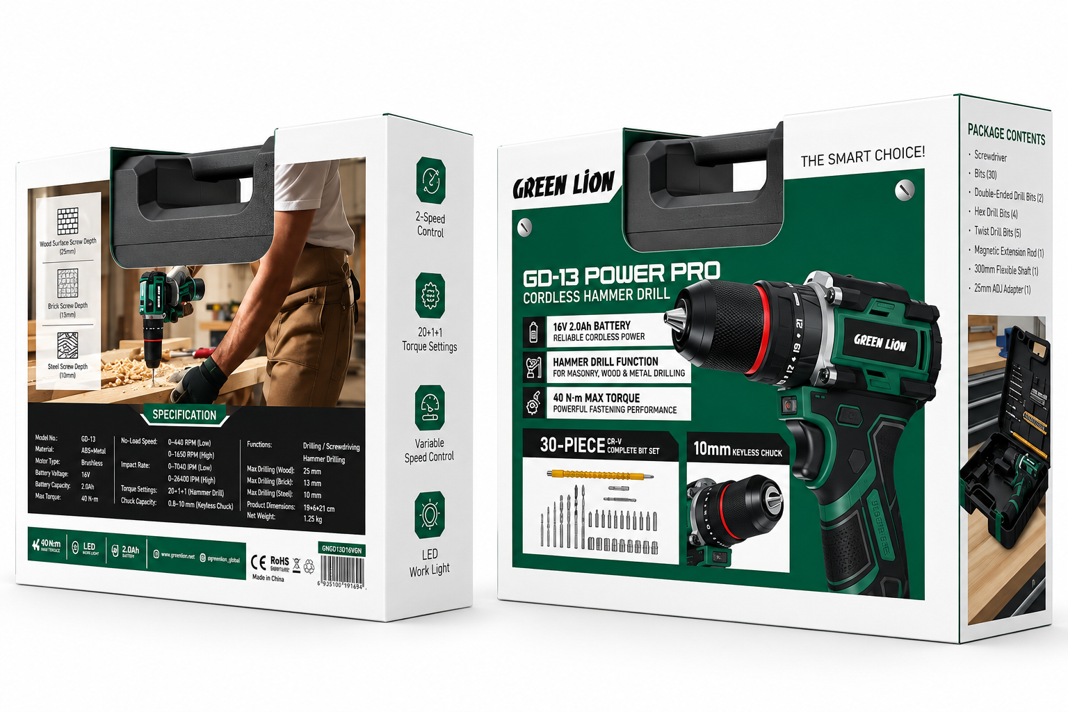 نمای جانبی و طراحی ظاهری دریل چکشی شارژی گرین لاین GD-13 Power Pro با باتری 16V 2.0Ah با رنگبندی جذاب