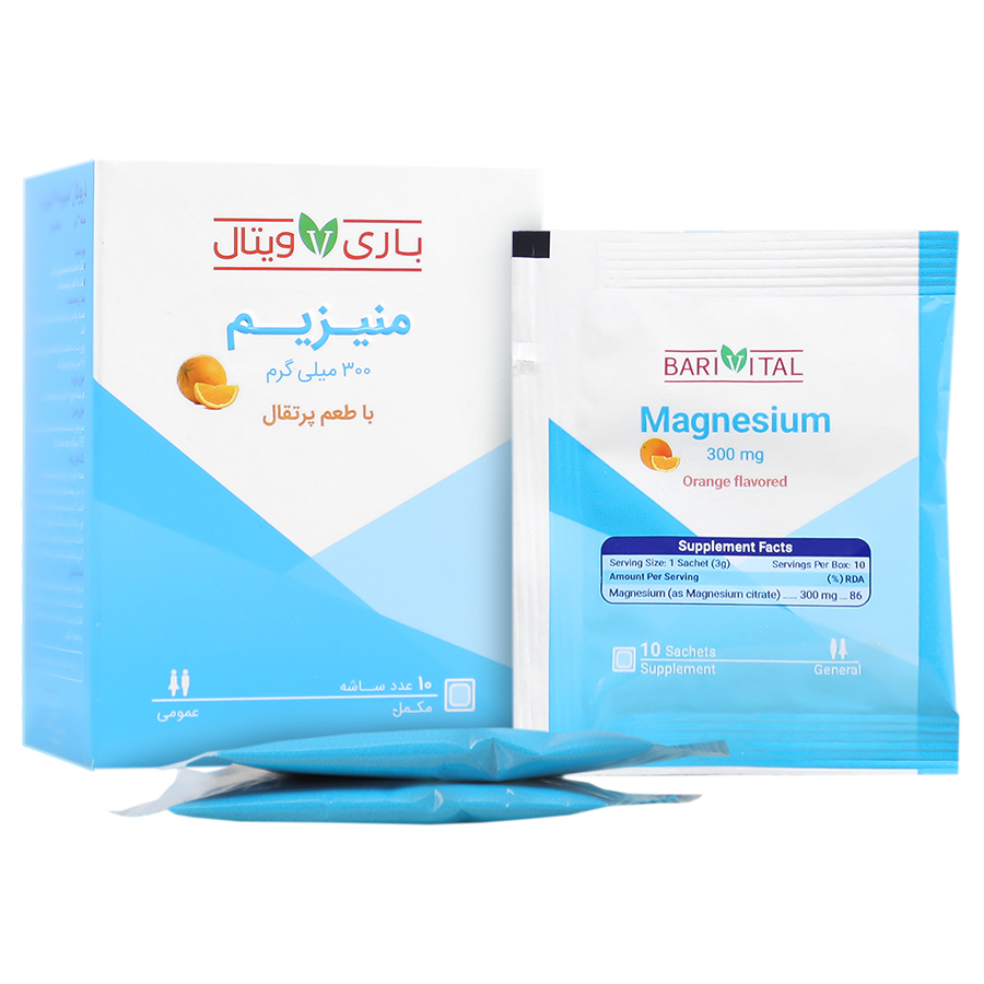 نمای پشت و اجزای تشکیل‌دهنده ساشه مکمل منیزیم سیترات 300 میلی گرم باریویتال با کیفیت بالا