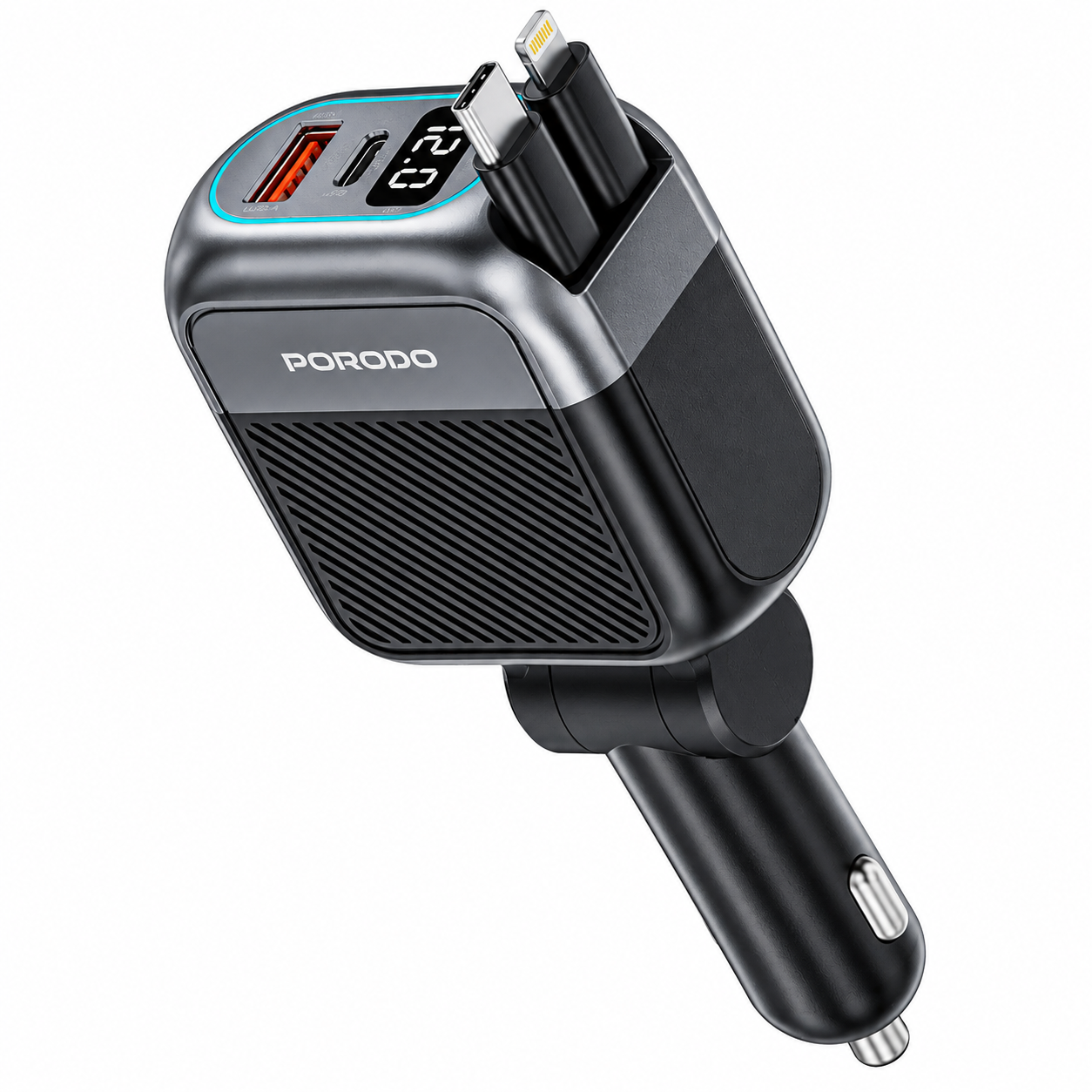 نمای محصول شارژر دیجیتال فندکی خودرو Porodo Spider Multi-Port USB Car Charger با کابل‌های USB-C و Lightning – مشکی با تمامی جزئیات ظاهری و فنی