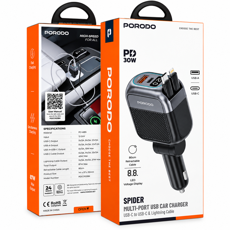 نمای قدی شارژر دیجیتال فندکی خودرو Porodo Spider Multi-Port USB Car Charger با کابلهای USB-C و Lightning – مشکی با تمرکز بر طراحی و کارایی محصول