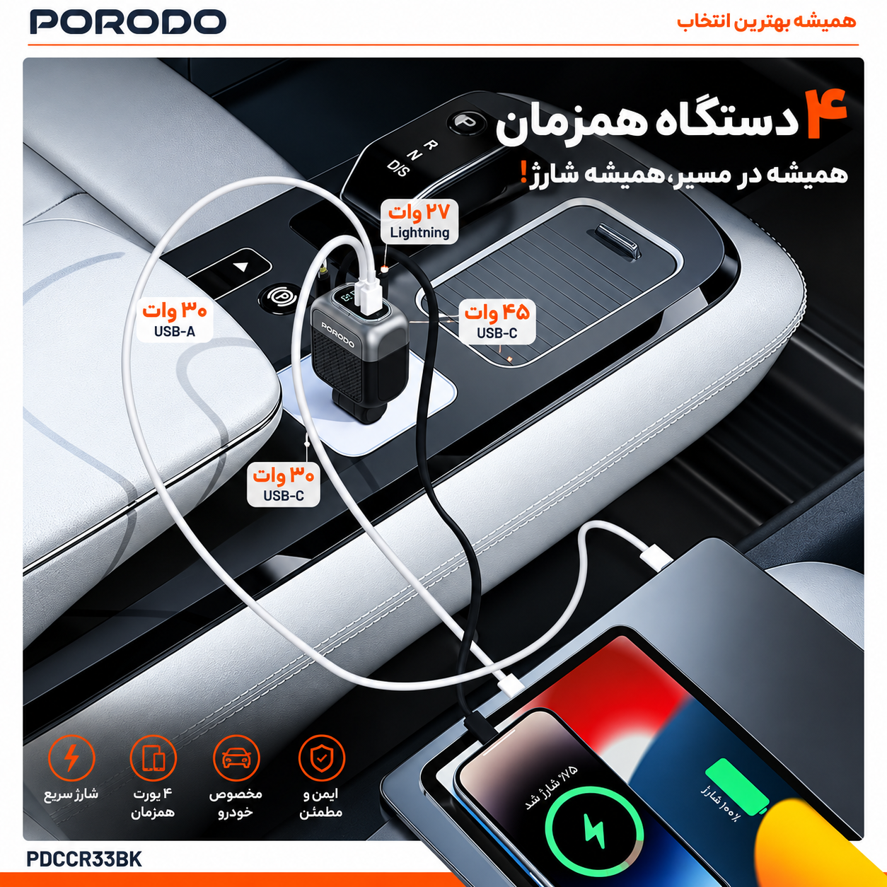 نمای پشت و اجزای تشکیلدهنده شارژر دیجیتال فندکی خودرو Porodo Spider Multi-Port USB Car Charger با کابلهای USB-C و Lightning – مشکی با کیفیت بالا