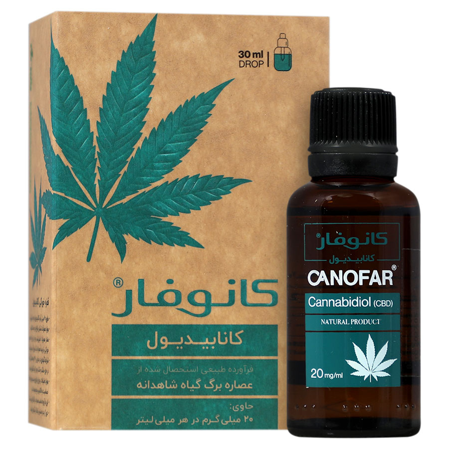 نمای پشت و اجزای تشکیل‌دهنده کانوفار کانابیدیول 20 میلی گرم آروین بایوفارما با کیفیت بالا