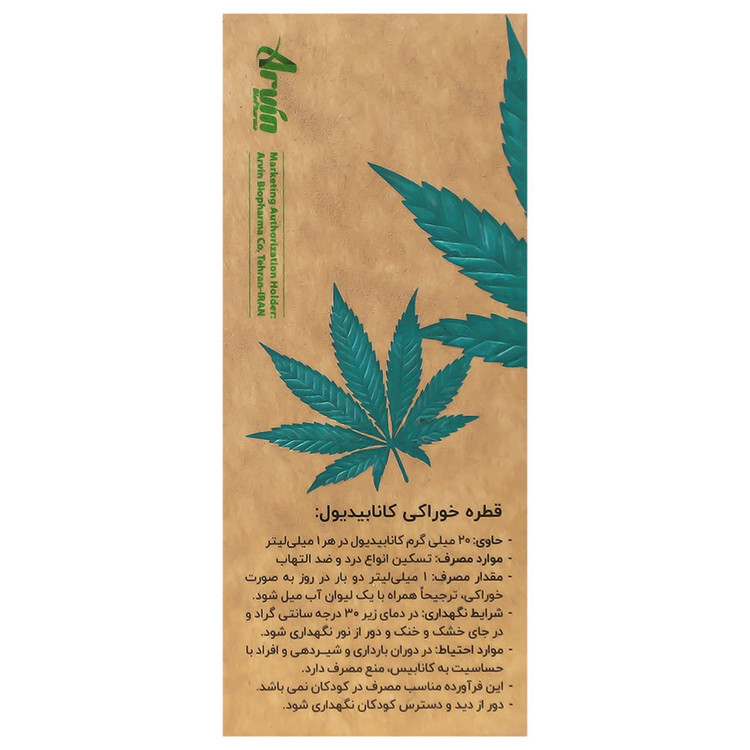 نمای محصول کانوفار کانابیدیول 20 میلی گرم آروین بایوفارما با تمامی جزئیات ظاهری و فنی