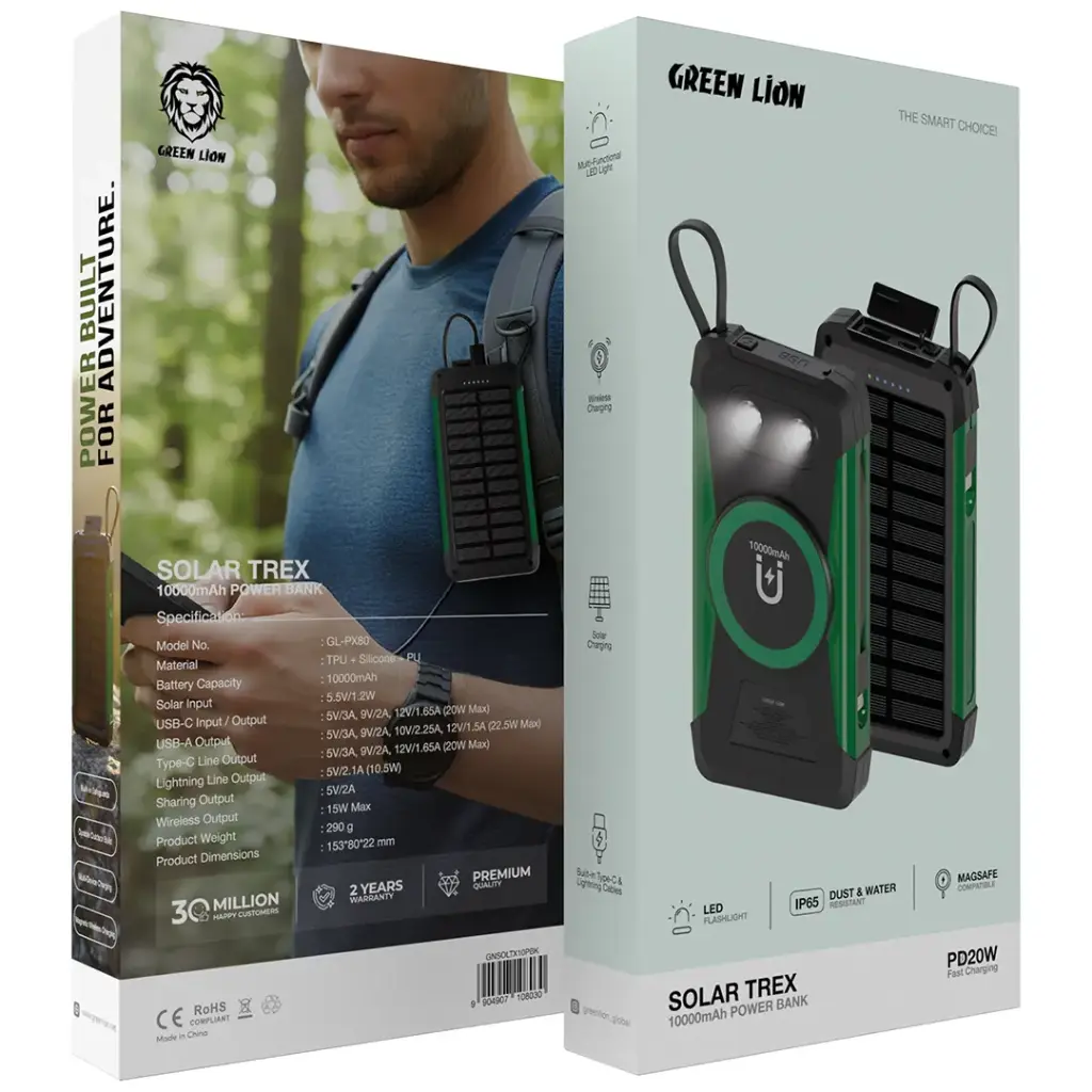 نمای قدی پاوربانک شارژی خورشیدی گرین لاین Solar Trex ظرفیت 10000mAh با تمرکز بر طراحی و کارایی محصول - نمای 6_1