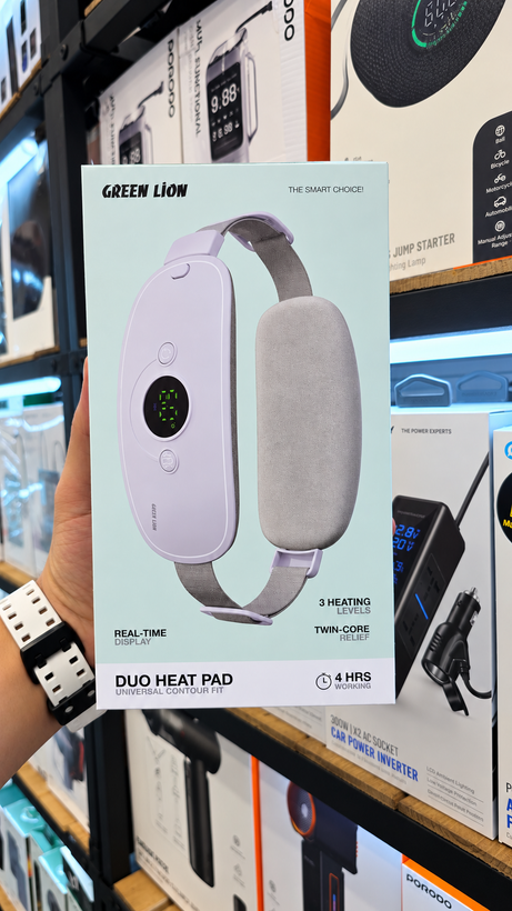 تصویر تخصصی ماساژور هوشمند قاعدگی دو طرفه گرین لاین مدل Duo Heat Pad با نمایش ویژگیها و جزئیات فنی
