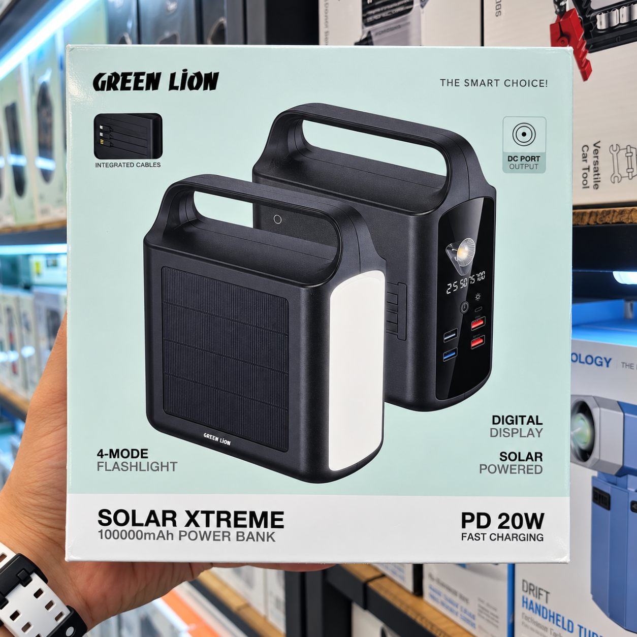 نمای محصول پاوربانک شارژی خورشیدی گرین لاین مدل Solar Xtreme ظرفیت ۱۰۰۰۰۰ میلیآمپرساعت با تمامی جزئیات ظاهری و فنی