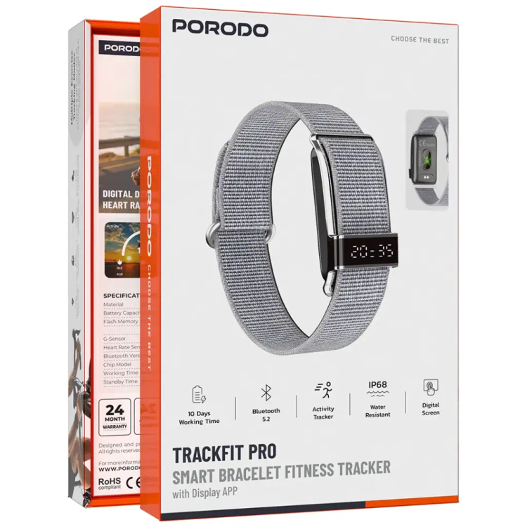 طراحی مدرن و استاندارد دستبند هوشمند پرودو Trackfit Pro با نمایشگر و اپلیکیشن ضد آب IP68 در نمای کامل