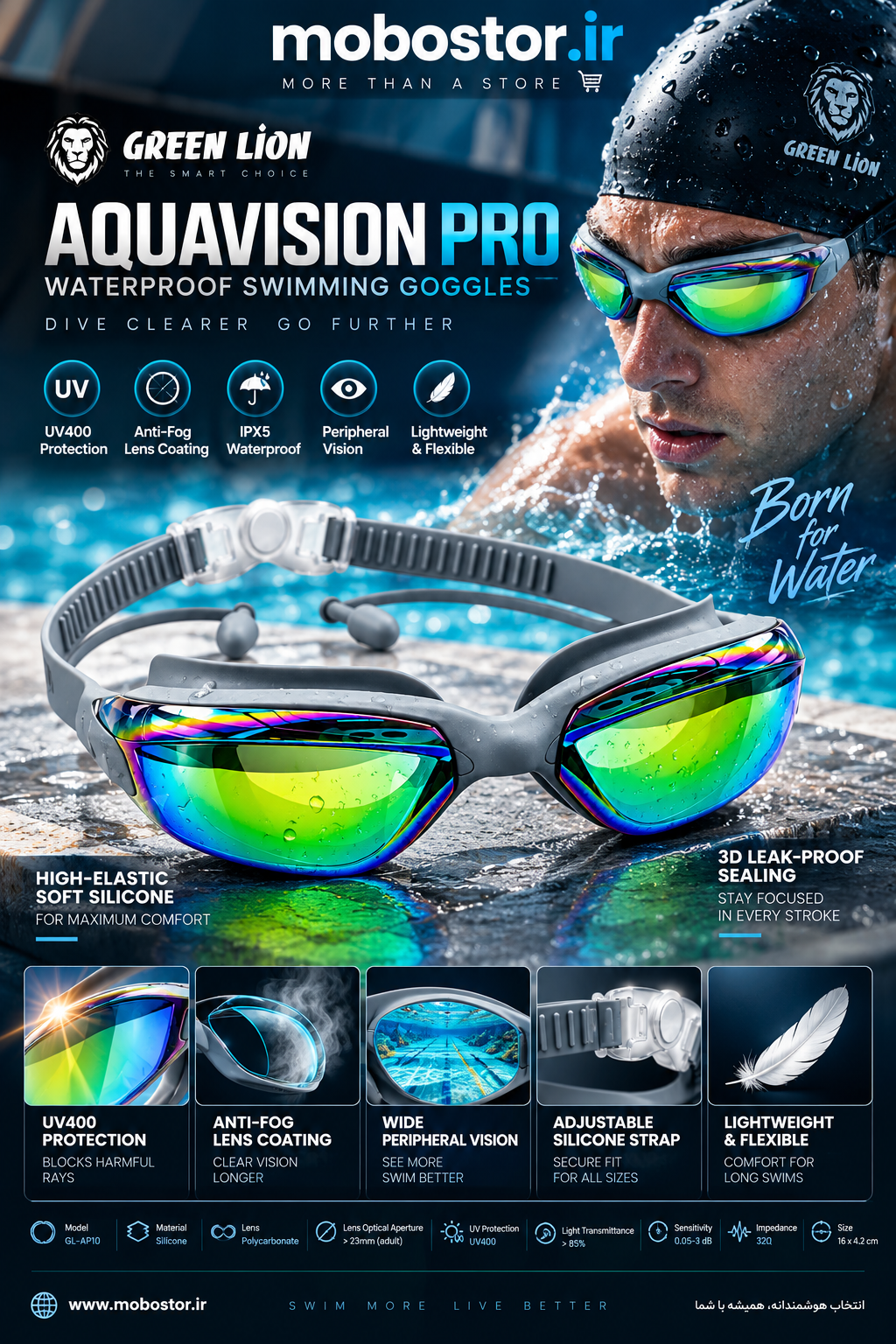 نمای محصول عینک شنا ضد آب آکوا ویژن پرو گرین Green Lion AquaVision Pro با تمامی جزئیات ظاهری و فنی