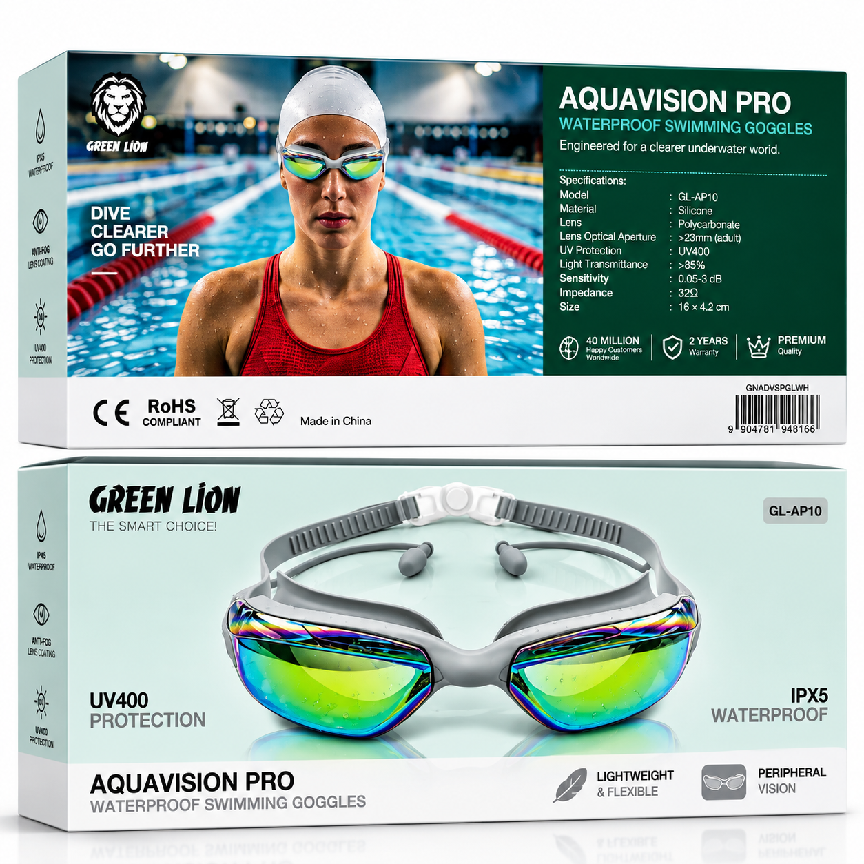 جزئیات کیفیت ساخت و متریال بهکاررفته در عینک شنا ضد آب آکوا ویژن پرو گرین Green Lion AquaVision Pro
