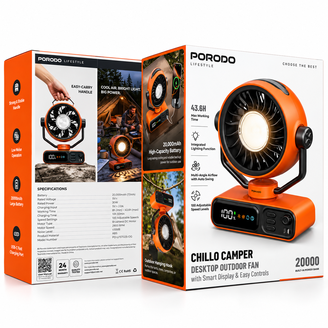 تصویر تخصصی پنکه شارژی رومیزی کمپینگ پرودو Porodo Chillo Camper Desktop Outdoor Fan با نمایش ویژگیها و جزئیات فنی