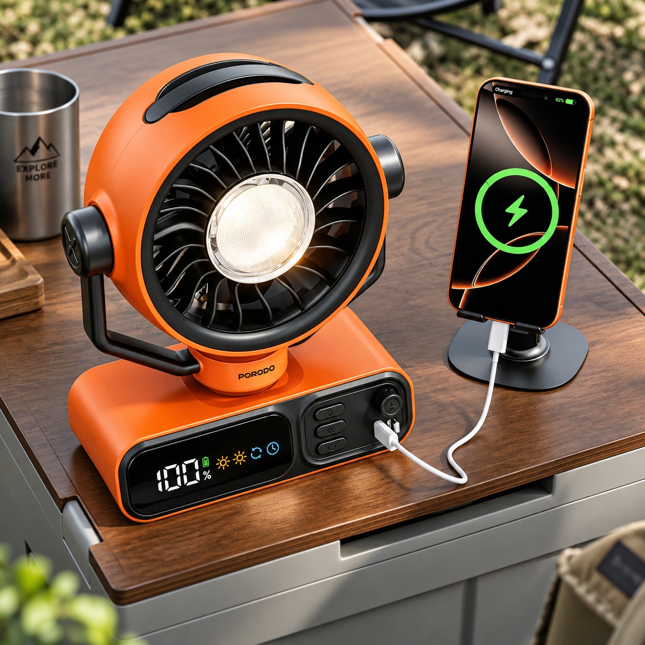 نمای کامل پنکه شارژی رومیزی کمپینگ پرودو Porodo Chillo Camper Desktop Outdoor Fan همراه با بستهبندی اصلی و جزئیات محصول