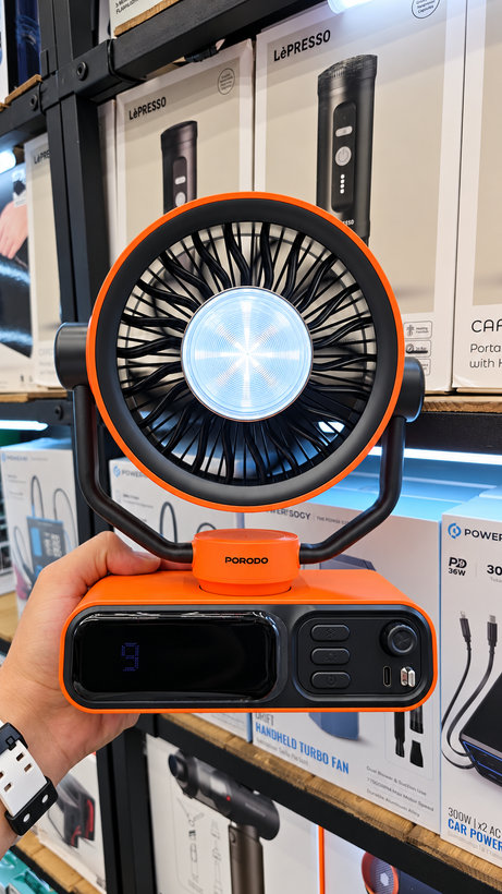 تصویر تخصصی پنکه شارژی رومیزی کمپینگ پرودو Porodo Chillo Camper Desktop Outdoor Fan با نمایش ویژگیها و جزئیات فنی - نمای 6_1
